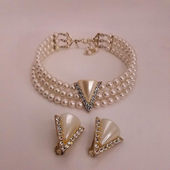 Christina Collection Necklace Clip On Earrings Simulated Pearls 3 Strands - Picture 10 of 15